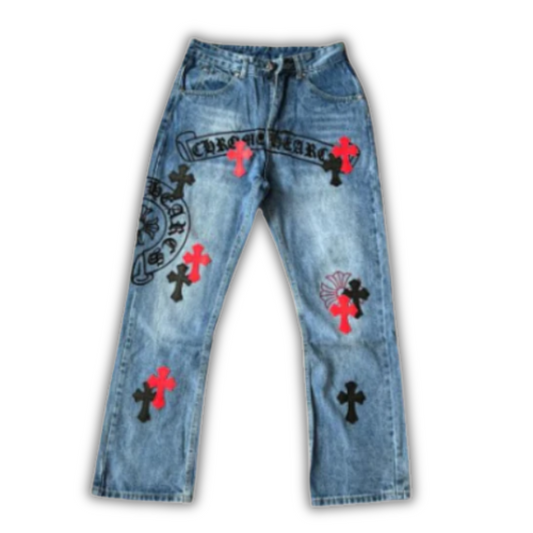 Chrome Hearts Straight Leg Denim Blue Red Cross Horseshoe