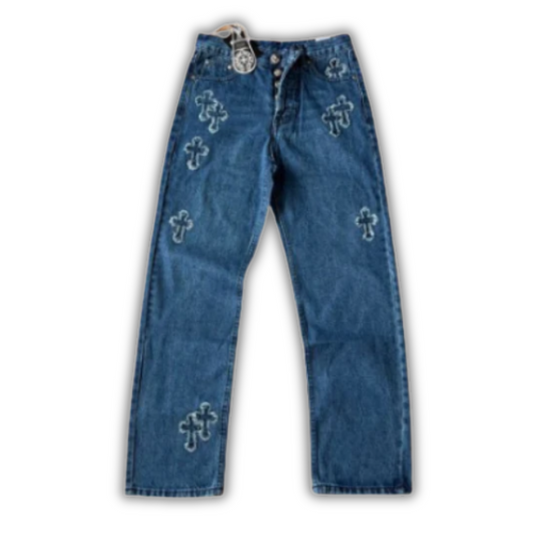 Chrome Hearts Staight Leg Denim Blue Pants With Rough Edges Cross