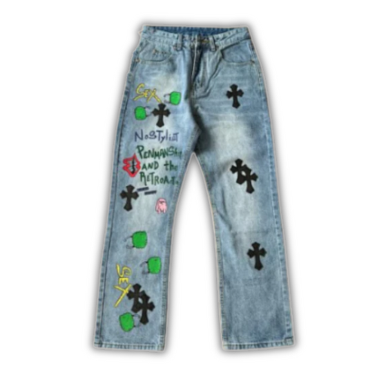 Chrome Hearts Straight Leg Denim Blue Monster Graffiti