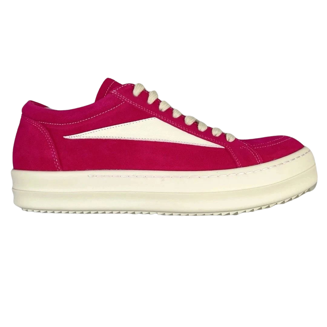 Rick Owens EDFU Vintage Sneaks
Velour Suede Hot Pink Milk White